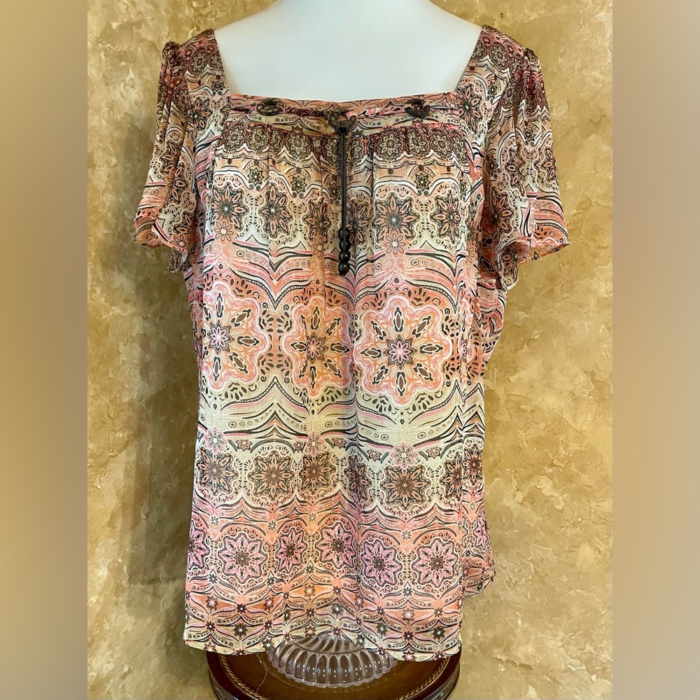 Dress Barn Pink and Tan Graphic Short Sleeve Blouse